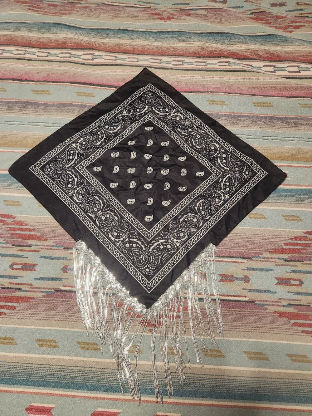 Fashionable Black Paisley-Styled Scarf, Bandana with Silver Tassles